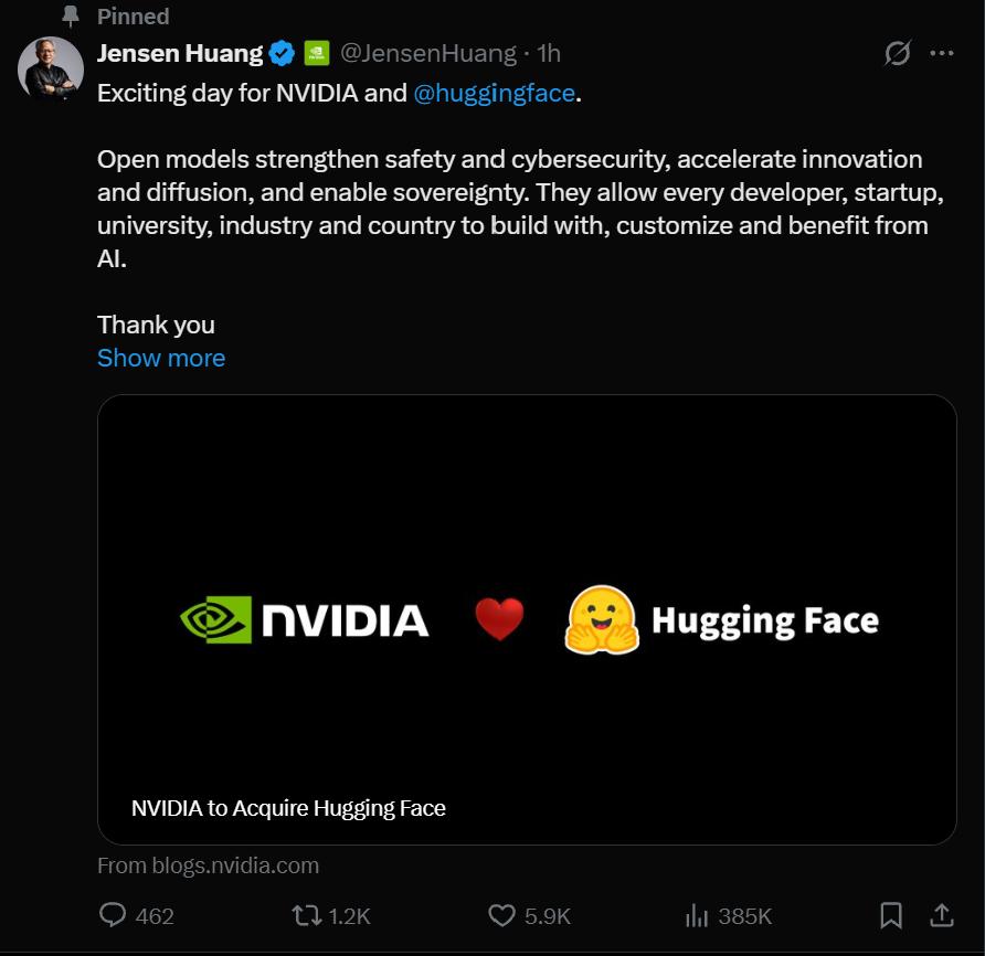 Jensen Huang's announcement tweet: "Exciting day for NVIDIA and @huggingface. Open models strengthen safety and cybersecurity, accelerate innovation and diffusion, and enable sovereignty."