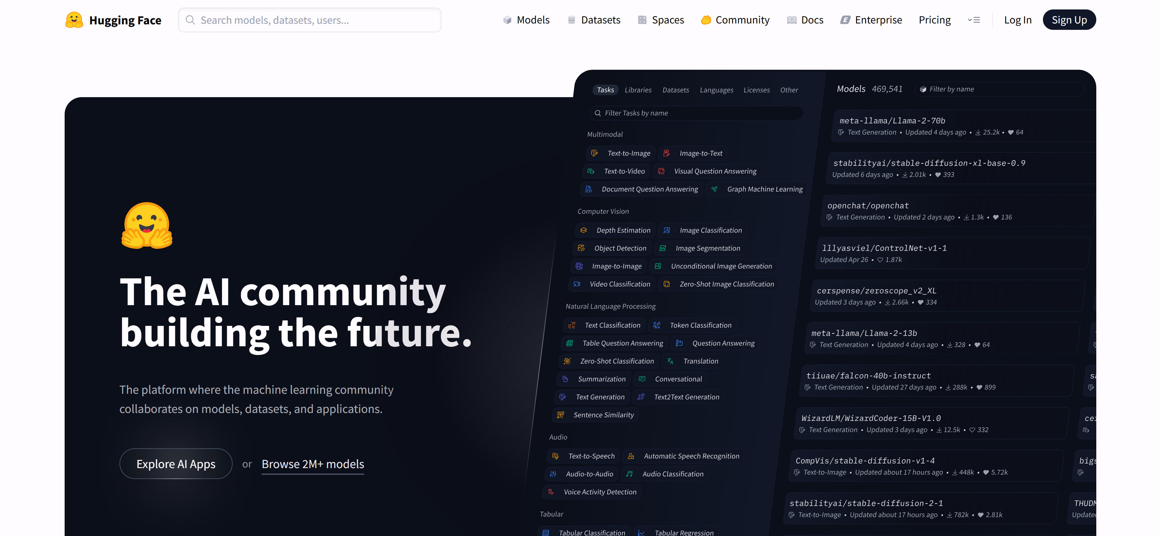 Hugging Face homepage: "The AI community building the future."