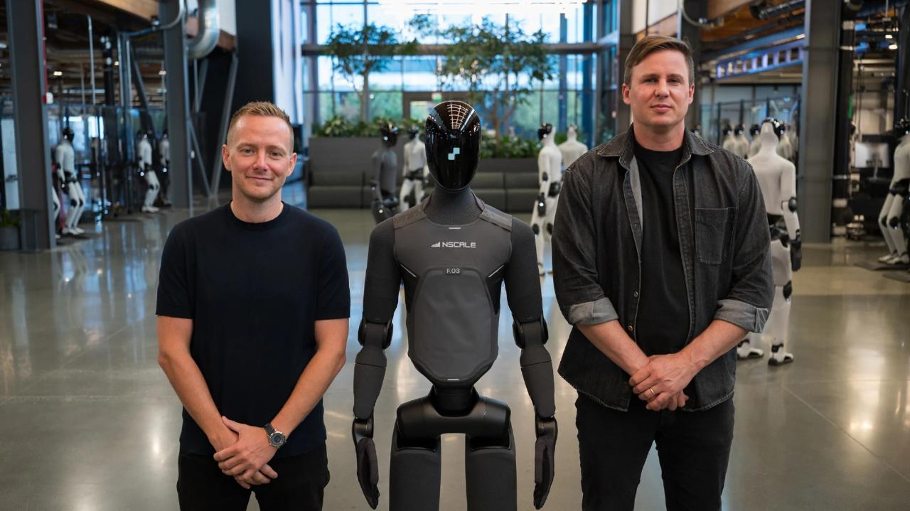 Nscale CEO Josh Payne and Figure CEO Brett Adcock with a Figure robot