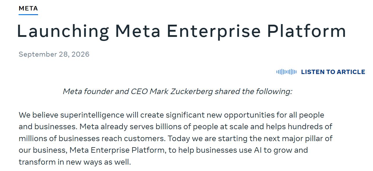 Meta official announcement page for Enterprise Platform launch, September 28, 2026