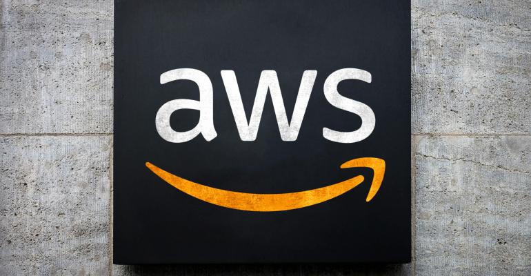 AWS logo on concrete wall at data center