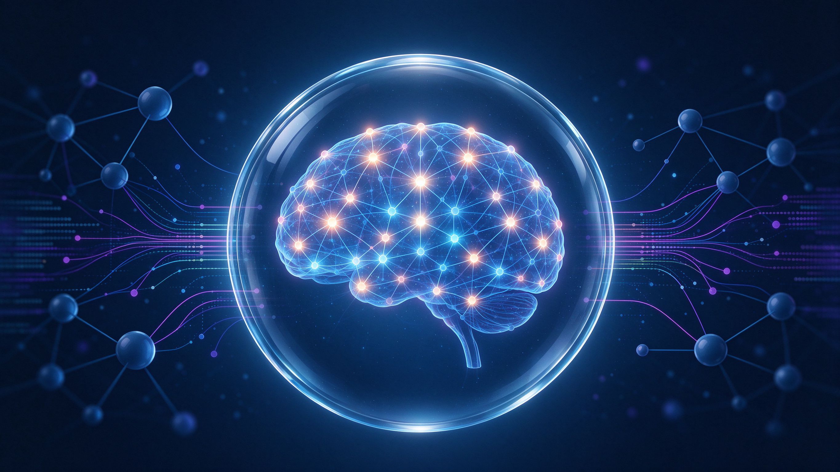 AI neural network enclosed in a transparent shield, disconnected from surrounding network nodes