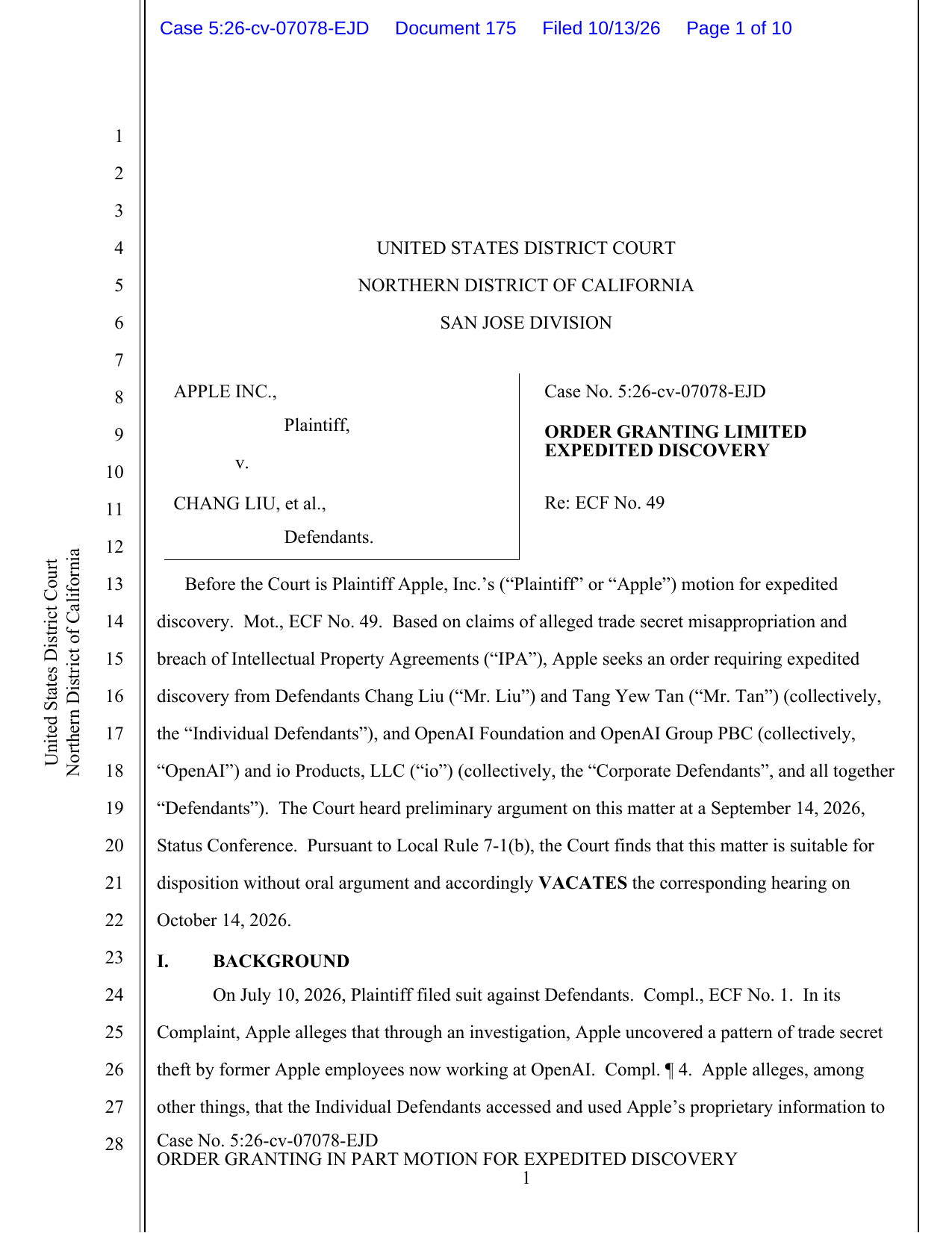 Court order granting limited expedited discovery in Apple Inc. v. Liu et al., Case No. 5:26-cv-07078-EJD, issued October 13, 2026.