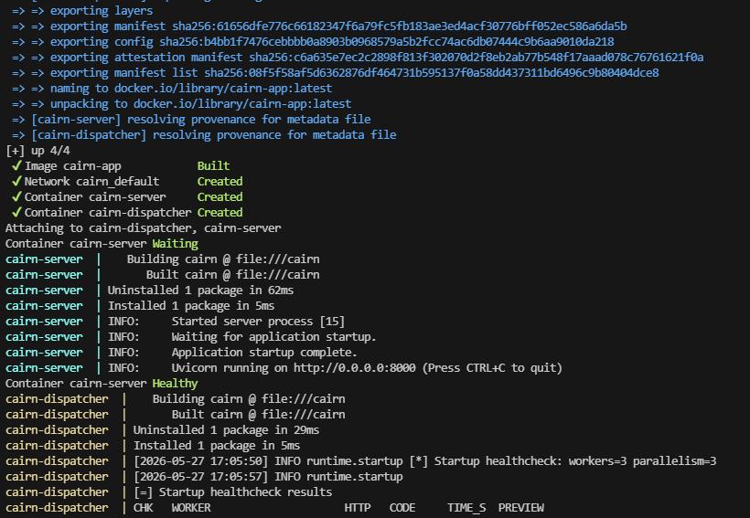 A Cairn AI platform deployment via Docker. The open-source orchestration framework gave the hacker's agents shell, browser, and filesystem access. (Deployment tutorial screenshot)