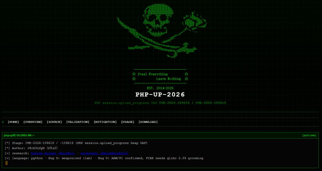PHP2Shell exploit framework terminal showing CVE-2026-109618 / -109619