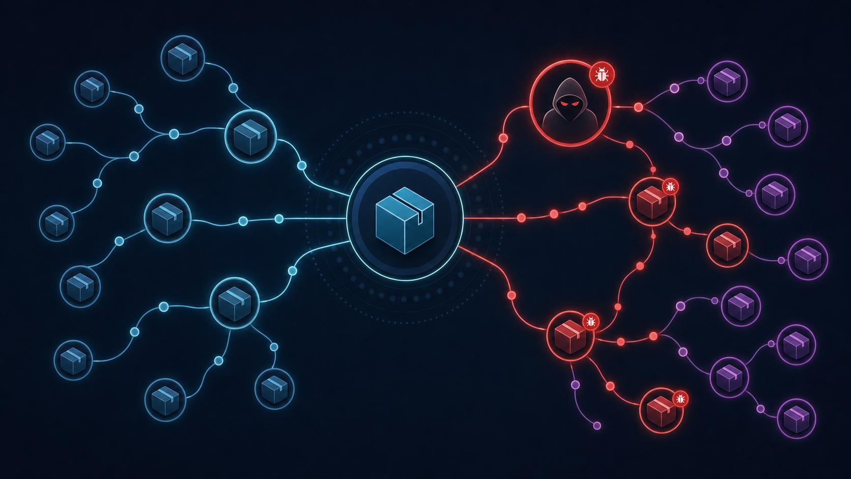 Supply chain attack network diagram showing compromised packages spreading through dependency chains