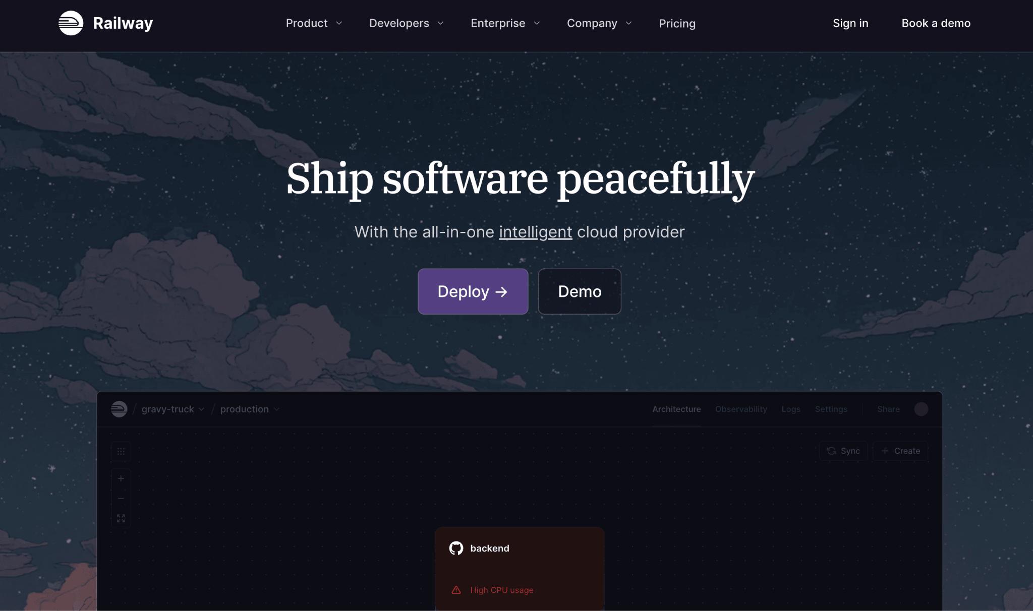 Railway platform homepage — "Ship software peacefully"