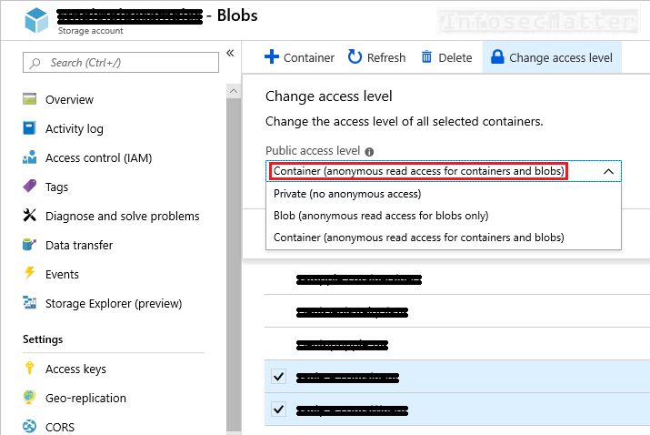 Azure Blob storage configured for anonymous public read access