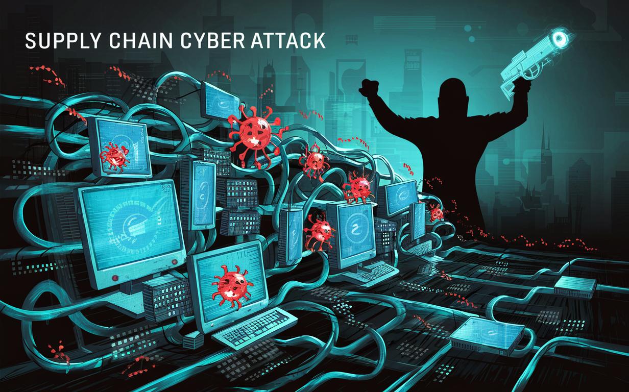Supply chain cyber attack concept — compromised vendor application as pivot into thousands of tenant environments